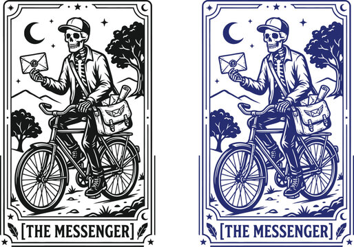 Halloween tarot card the messenger skeleton cyclist with letter vintage occult illustration set