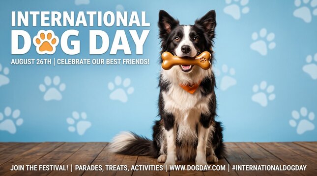 international dog day celebration design with an adorable border collie holding a bone in its mouth on a soft blue background