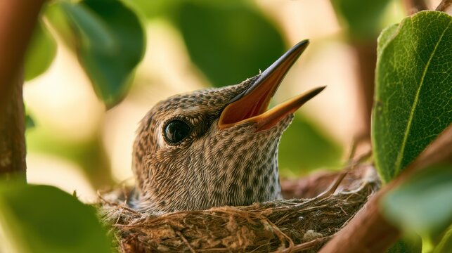 Close-up of a baby hummingbird in a nest, mouth open as mother feeds in warm garden light