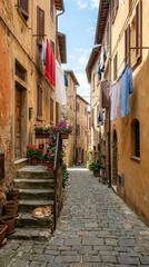 Obraz premium Charming Italian Alleyway in Tuscany with Cobblestone Path, Vibrant Potted Flowers, Hanging Laundry, and a Resting Cat in a Picturesque Historic Village Setting