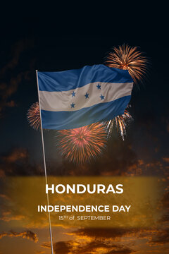 Evening sky and fireworks waving National flags of Honduras