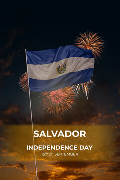 Evening sky and fireworks waving National flags of Salvador