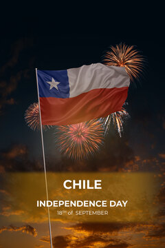 Evening sky and fireworks waving National flags of Chile