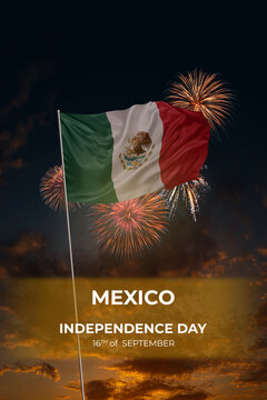 Evening sky and fireworks waving National flags of Mexico