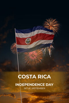 Evening sky and fireworks waving National flags of Costa Rica