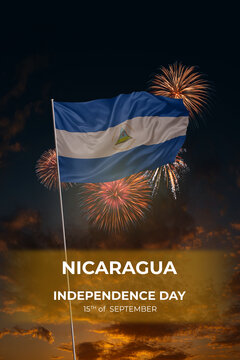 Evening sky and fireworks waving National flags of Nicaragua