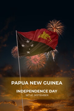 Evening sky and fireworks waving National flags of Papua New Guinea