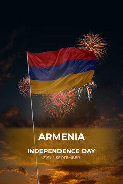 Evening sky and fireworks waving National flags of Armenia