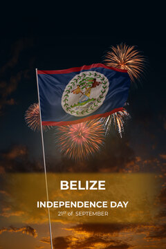 Evening sky and fireworks waving National flags of Belize