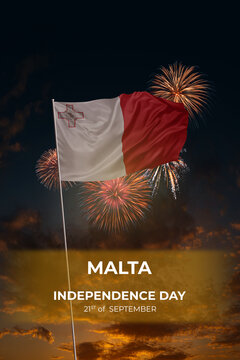 Evening sky and fireworks waving National flags of Malta