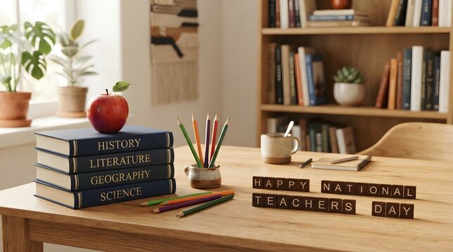 Happy national teacher's day celebration with books and apple on desk