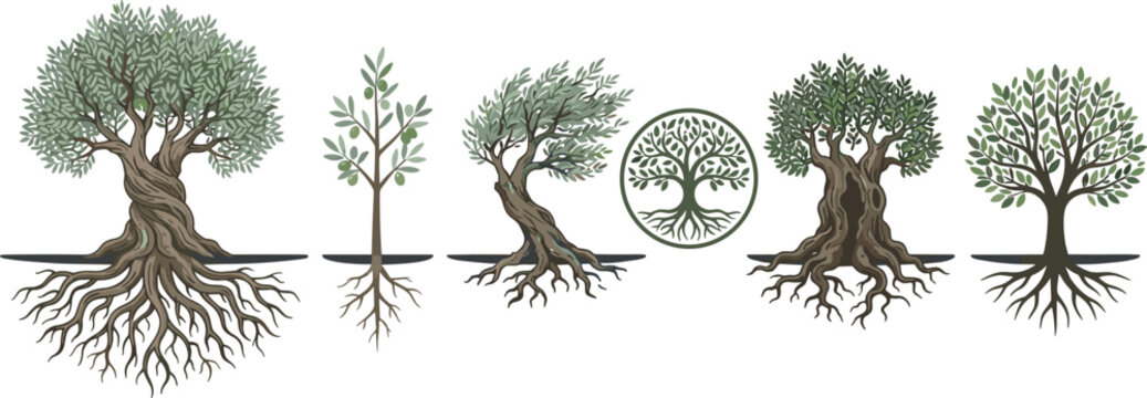 Olive Tree Vector Icon Set Featuring Ancient Gnarled Trees Sapling Circular Emblem and Exposed Roots for Mediterranean Agriculture and Olive Oil Branding Designs