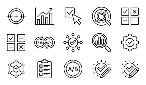 Business analytics and target marketing vector icons set isolated on white background flat quality control checklist illustration data graph magnifier design