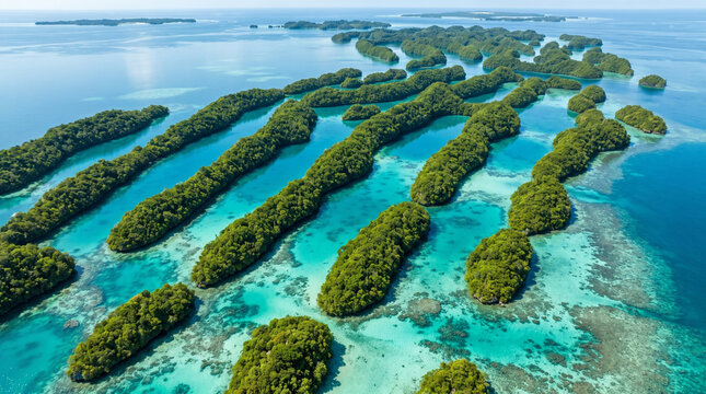 Oceanic Paradise: A breathtaking aerial view of the Rock Islands of Palau, showcasing a mesmerizing archipelago of lush, green islets dotting the turquoise waters of the Pacific Ocean.