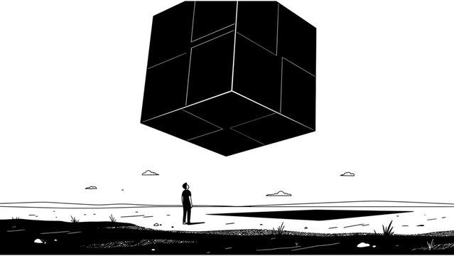 Minimalist black and white vector illustration of a giant floating cube above a man standing in a surreal landscape