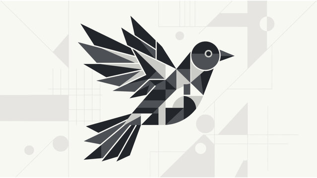Geometric bird vector illustration in flying pose with abstract monochrome shapes and minimalist background