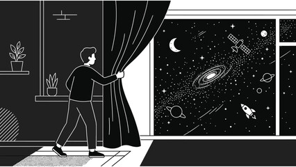 Man opening window curtain to reveal outer space galaxy with stars planets and rocket vector illustration © Iqbal