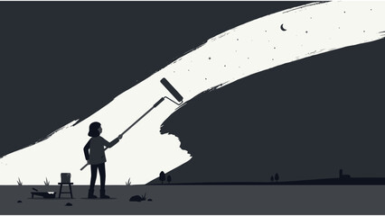 Vector illustration of a person painting a bright starry night sky with a paint roller for creativity and imagination concepts © Iqbal