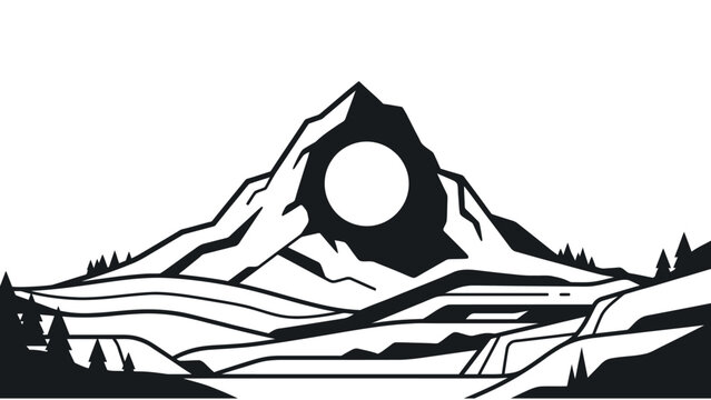 Black and white mountain vector illustration with sun and pine trees for logo design and outdoor branding