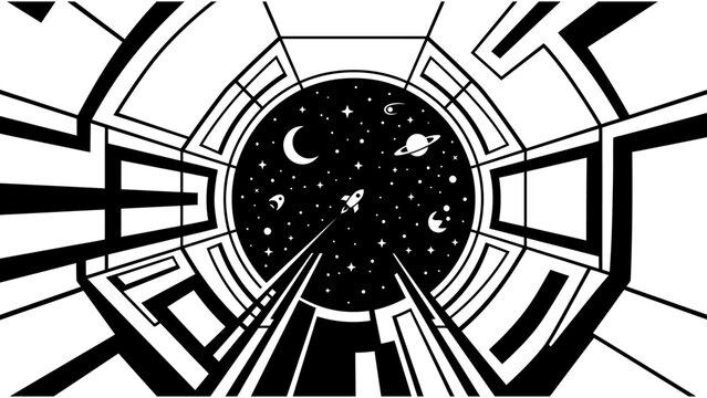 Futuristic spaceship window view vector illustration with rocket ship flying in starry outer space with planets and stars