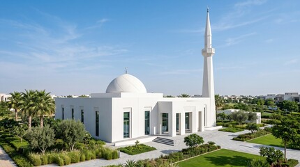 Fototapeta premium Contemporary White Mosque Exterior Lush Garden Daylight
