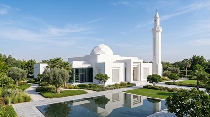 Fototapeta premium Modern White Mosque Reflecting Pool Garden Daylight