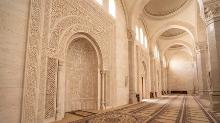 Fototapeta premium Elegant Carved Mosque Prayer Hall Arched Corridors