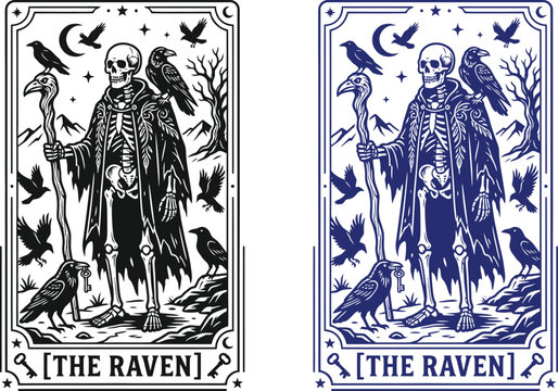 Halloween tarot card the raven vintage skeleton illustration with birds and key gothic occult design