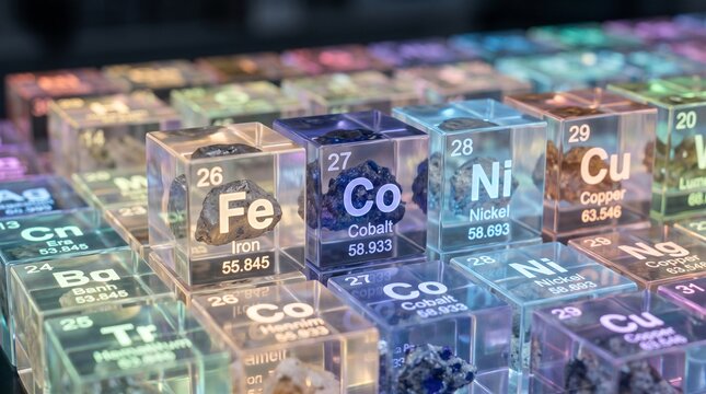 Periodic Table Element Cubes with Mineral Samples in a Laboratory