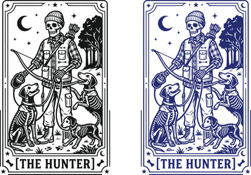 Halloween tarot card the hunter skeleton archer with dogs vintage occult illustration spooky design