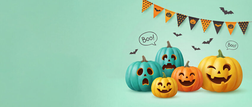 Colorful jack-o-lantern pumpkins and bunting flag decorations with halloween