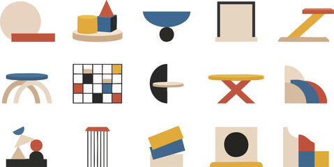 Bauhaus inspired geometric display stands with bold primary colors and modern shapes © MDMUKTADIR