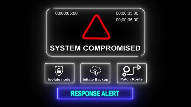 System compromised response notification on digital interface in data center server room with isolate node initiate backup patch route options. glowing neon lights cybersecurity hacking Warning