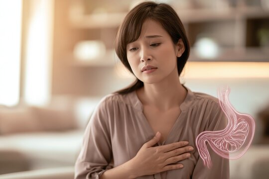 Portrait of an Asian woman experiencing heartburn symptoms in a calm home setting