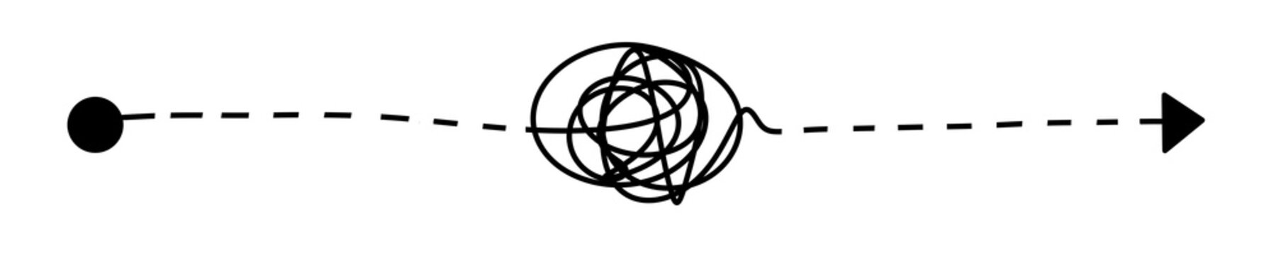 Black dashed scribble arrow process design, hypothetical path messy to clear, future planning strategy infographic, uncertain workflow illustration