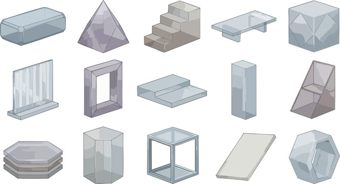 Collection of abstract 3d geometric shapes and objects on transparent background, isometric view