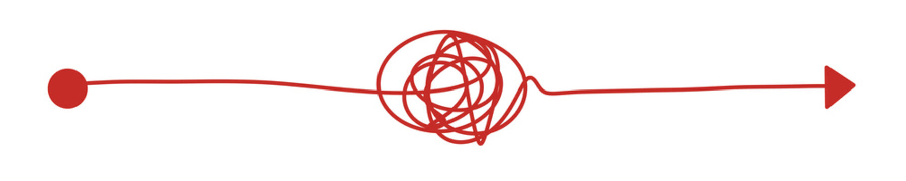 Red scribble arrow design process icon, highlighted messy path to clear solution, creative problem solving graphic, emergency error troubleshooting