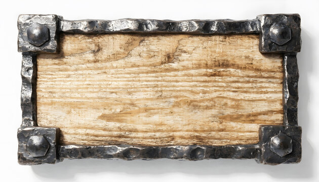 Large rectangular wood panel with iron hardware. Rustic display and vintage signage needs. Weathered wooden board with forged metal corners and bolts