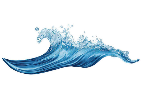 Blue ocean wave splashing and cresting, flowing liquid water with bubbles, transparent background