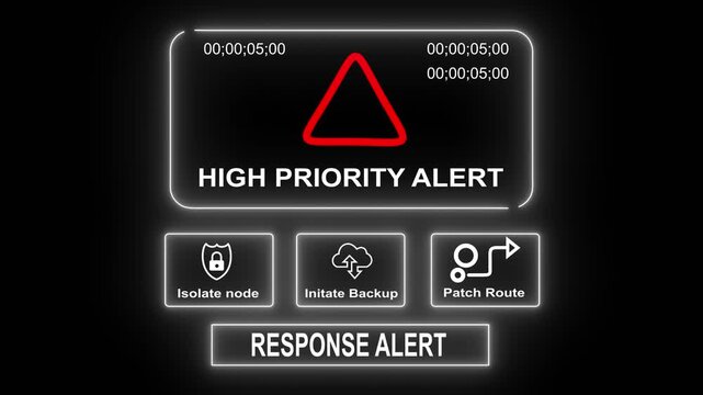 High priority alert response notification on digital interface in data center server room with isolate node initiate backup patch route options. glowing neon lights cybersecurity hacking Warning