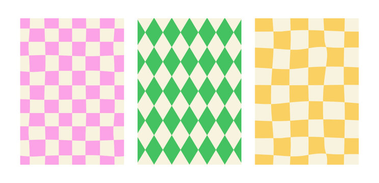 Set of abstract vector backgrounds with checkered and rhombus patterns. Groovy retro style. Templates for greeting cards, posters, scrapbooking, social media designs
