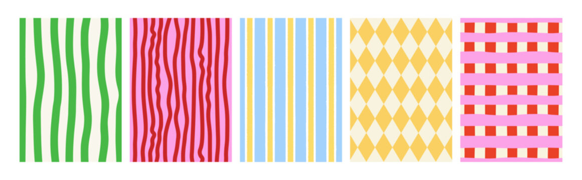 Set of abstract vector vertical backgrounds. Checkered and striped templates for posters, greeting cards and invitations. Groovy retro dopamine style