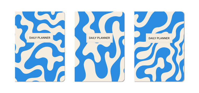 Set of notebook cover templates with abstract organic patterns. Vector flat illustration of modern stationery designs. Liquid wavy shapes