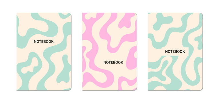 Set of notebook covers with abstract wavy psychedelic prints. Vector flat illustration of dynamic organic shapes. Pastel colored groovy stationery design