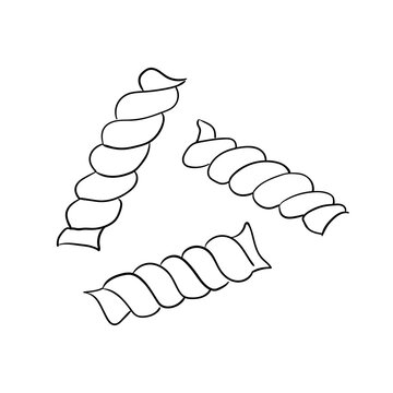 Italian fusilli pasta pieces. Hand drawn vector outline illustration of spiral pasta. Simple food clipart for menu and packaging design