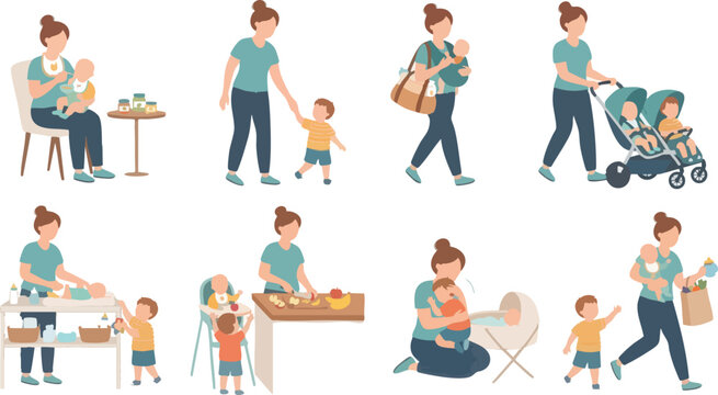 Daily routine set of mother taking care of baby and toddler children
