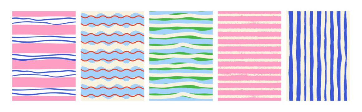 Set of abstract vector vertical backgrounds. Hand drawn striped templates for posters, greeting cards and invitations. Groovy retro dopamine style