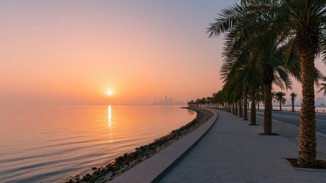 Sunrise over the Dammam Al Khobar Corniche: tranquil sea and palm-lined waterfront at dawn