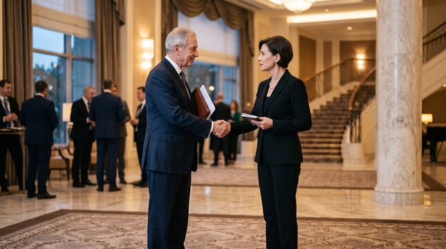 Ambassadors greeting each other formally before a meeting, a discreet handshake, reserved expressions, a luxurious international conference setting.