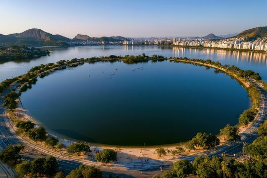 Panoramic aerial scene of Lagoa Rodrigo de Freitas, Brazil, with hills and water